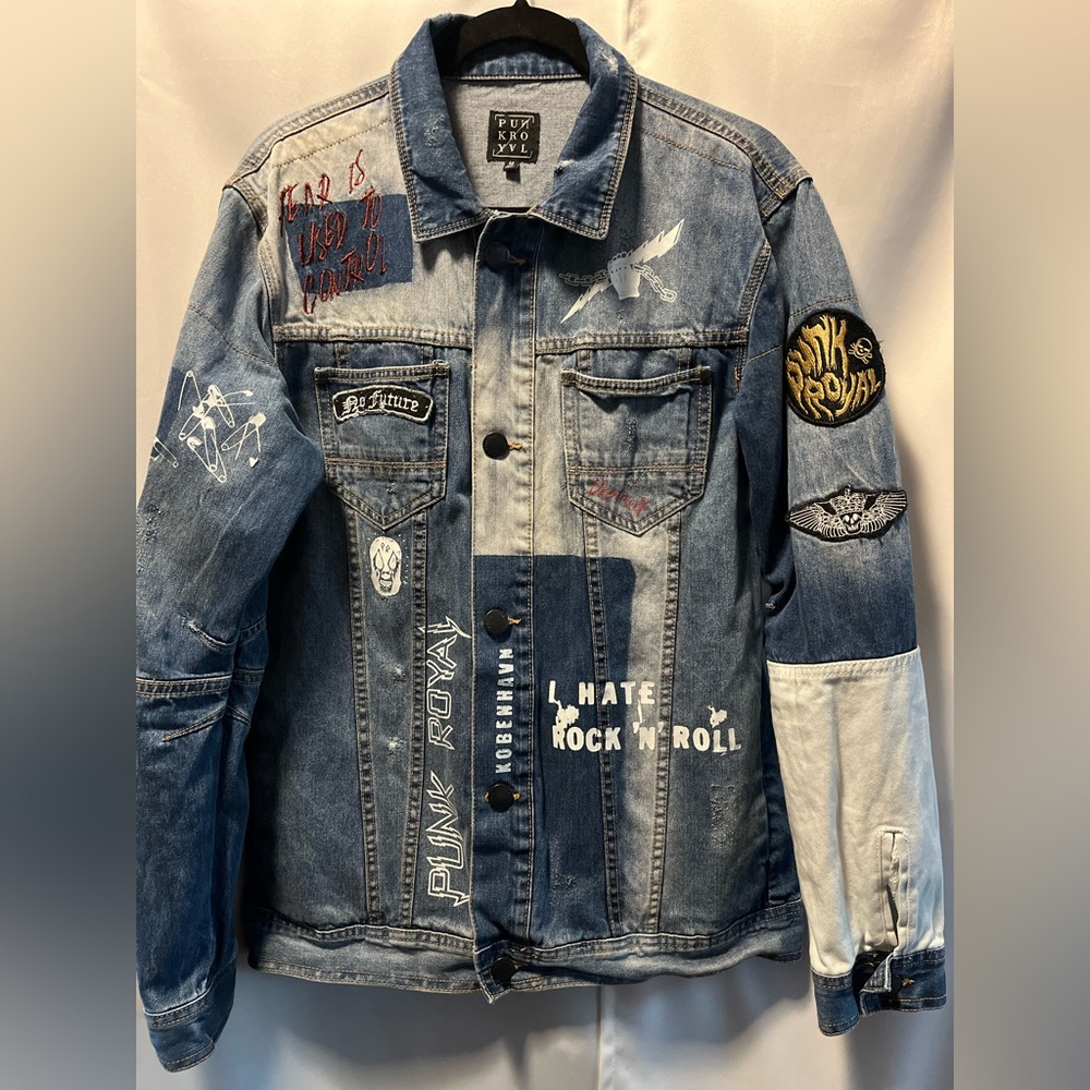 Unique Punk Royal Men's Denim Jacket With Embroiled Badges Size Medium